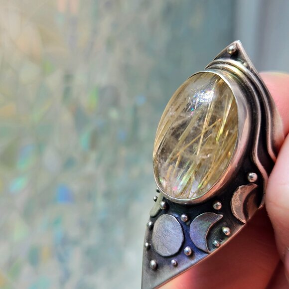 Acid Queen Moon Shield Ring - rutilated quartz size 7 - Picture 4 of 5